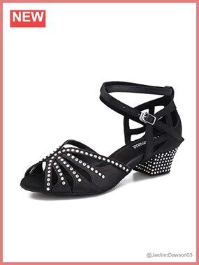 Women's Satin Low Heel Ballroom Dance Shoes with Rhinestones Cuban Heel